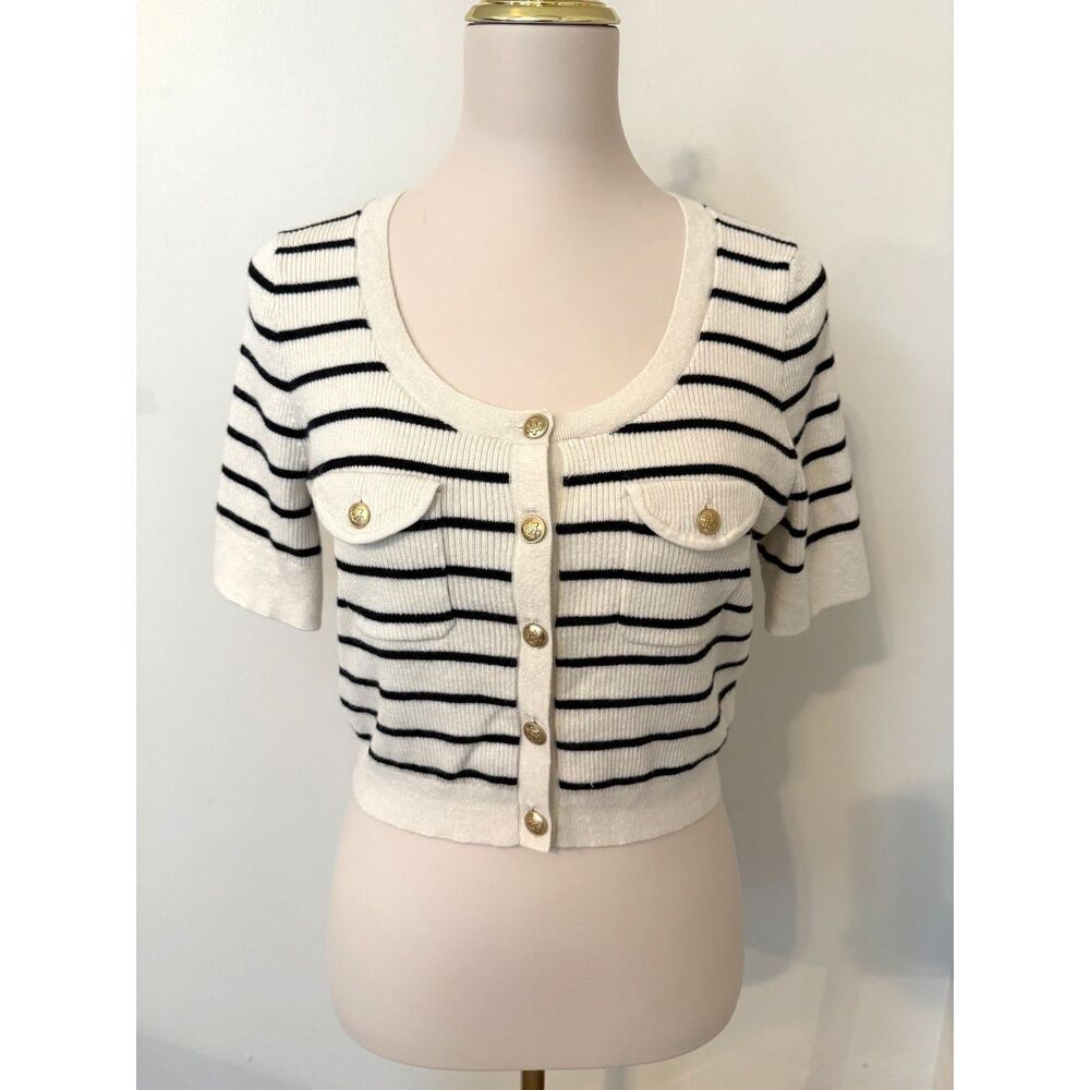 J.Crew Button-Up Sweater Tee Ivory Black Stripe Wool Linen Gold Buttons M